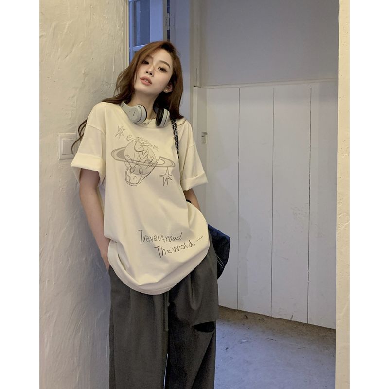 Picture of apricot Rabbit Printed Short-sleeved T-shirt Women's Summer Thin Korean Style Design Niche Loose Hong Kong Style Top