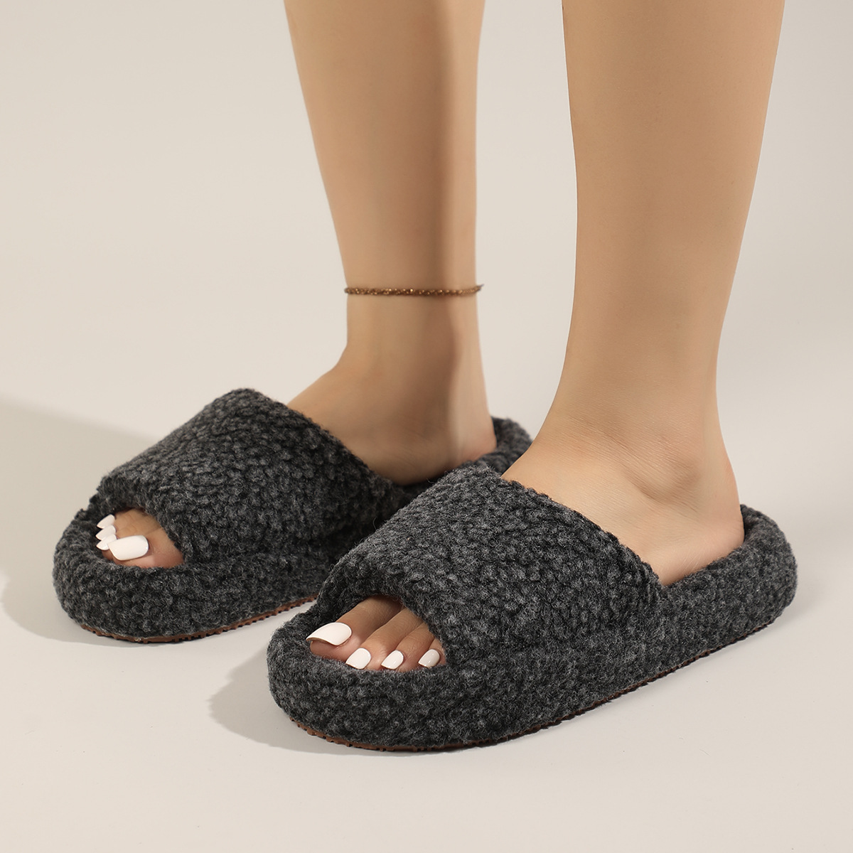 Japanese-style Imitation Wool Basin Bottom Slippers for Couple Women's Winter Home Indoor Household Non-slip Thick Bottom Household Cotton Slippers for Men