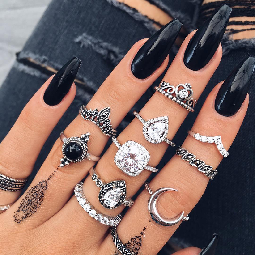 Foreign Trade Popular Fashion Women's Retro Ancient Silver Full Diamond Glass Crystal Moon Ring Combination 11-Piece Set