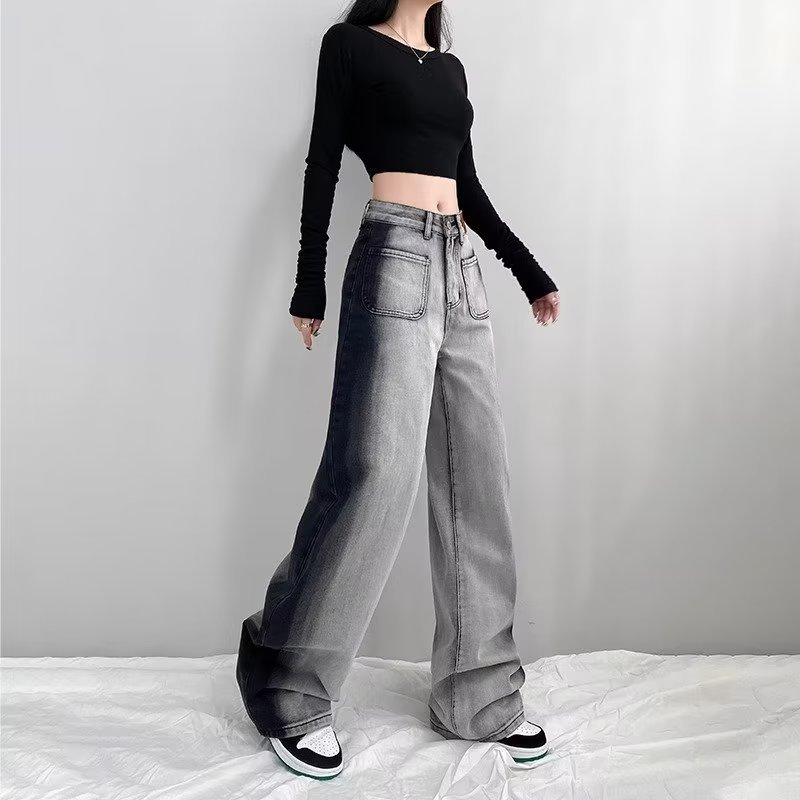 Distinctive Black and Grey Color Matching Design Sense Casual Jeans Women's Summer High Waist Loose Slimming All-match Wide Leg Pants