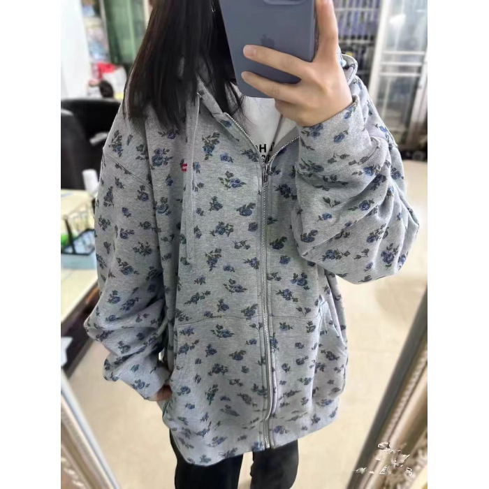 Picture of American-style Floral Print Hooded Sweater Women's Spring Autumn and Winter Thickened Loose Lazy Style oversize Cardigan Coat Trendy