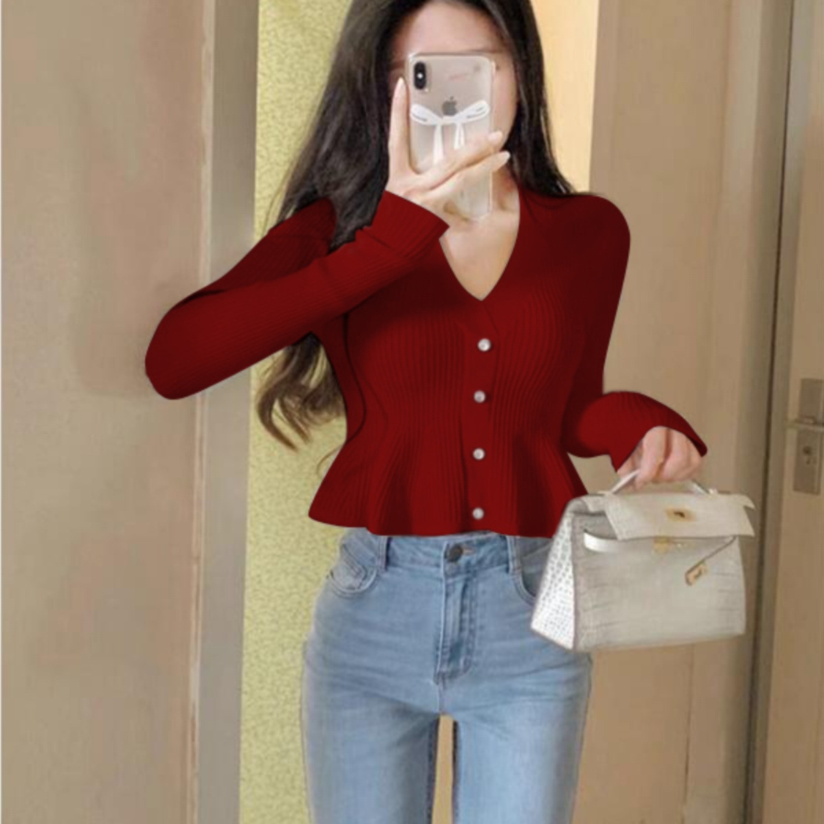 Christmas Red Design Sense V-neck French Knitted Cardigan Women's Autumn and Winter Base Shirt Short Small Chanel Style High-end Sense Top