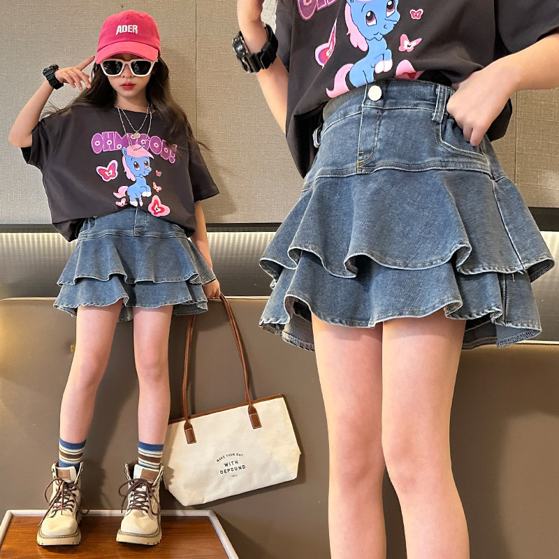 Girls Denim Skirt 2025 Summer New Style Korean Style Fashionable Street Cake Skirt Pants for Older Girls Trendy Style