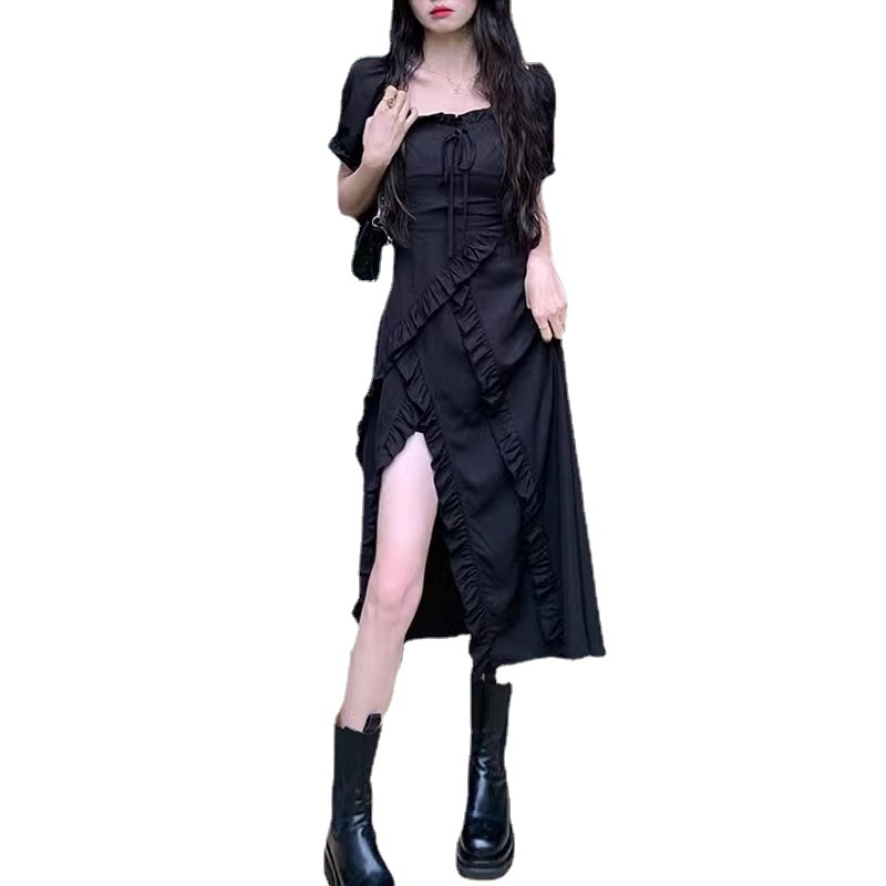 Picture of French Hepburn Style Black dress Women's Summer Xiazhong Design Irregular Split Skirt Slim-fit Skirt