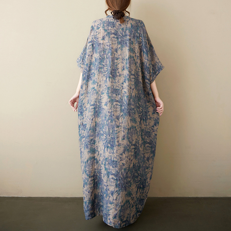 Picture of 2025 Summer Fashion Loose plus size Women's New Artistic Retro V-neck Cotton Linen Printed Shoulder Sleeve dress