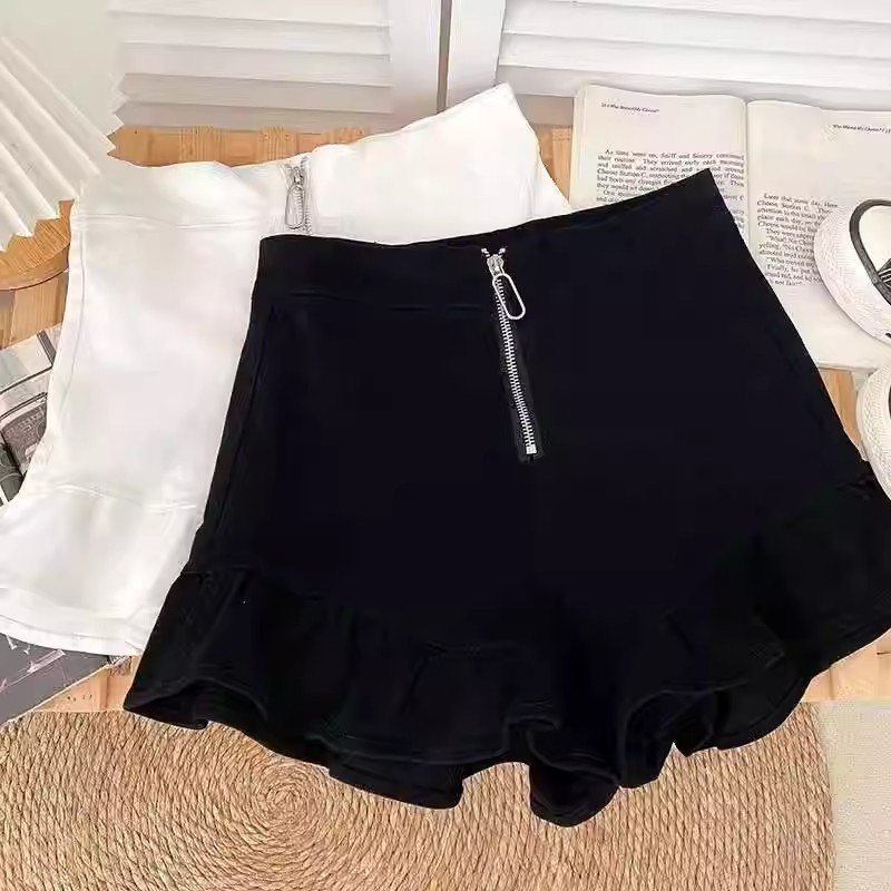High Waist Slimming Zipper Ruffle Wide Leg Shorts Women's 2024 New Summer Design Sweet Casual Hot Pants