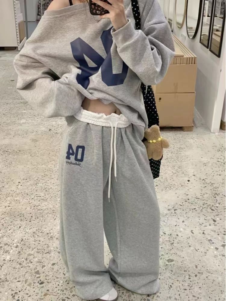 Vintage Printed American Shoulder Long-sleeved Sweat Sports suit Women's Autumn Casual Wide-leg Pants Grey Two-piece Set