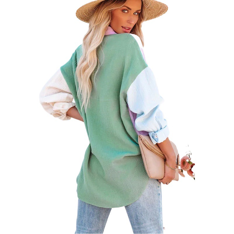 European and American Foreign Trade Women's Wear 2022 Summer New Amazon Online Red Style Color Splicing Shoulder Long Sleeve Shirt Women