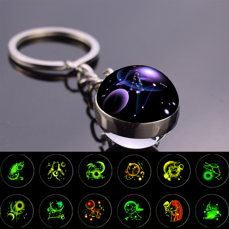 12 Constellation Key Ring Star Luminous Keychain Glass Ball Keychain Accessories Double-sided Glass Ball Pendant Gift