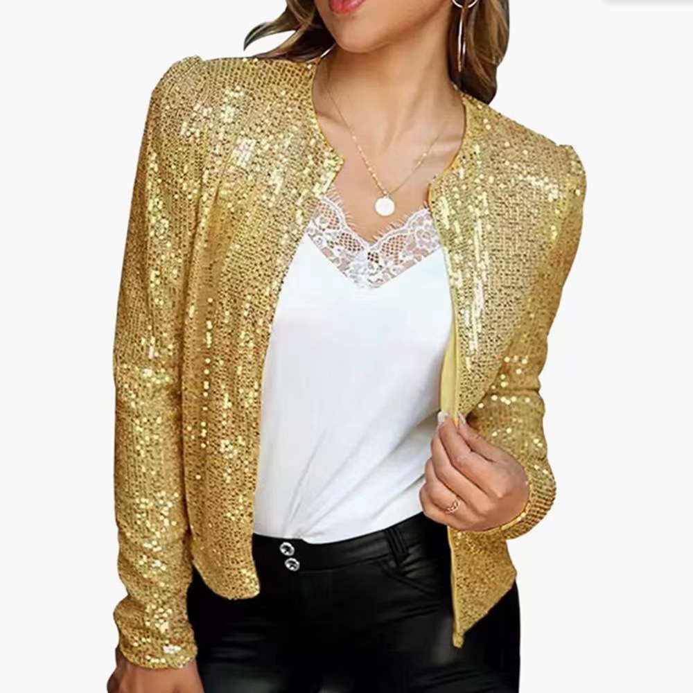 Picture of 2025 Cross-Border Women's Spring European and American Fashion Round Neck Pure Color Sequined Short Outwear Casual Versatile Small Outwear