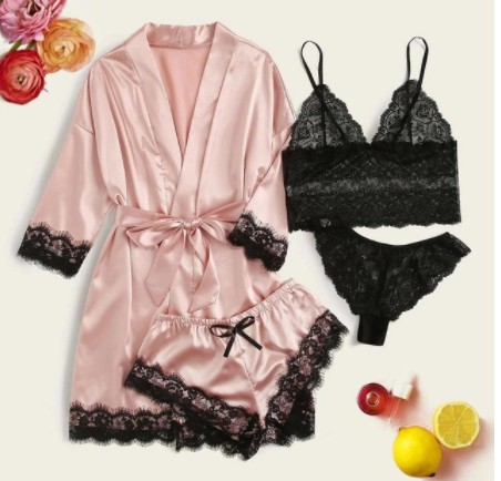 2021 wholesale new pajamas women's four-piece set sexy European and American suspenders skirt manufacturers set home clothes to map processing
