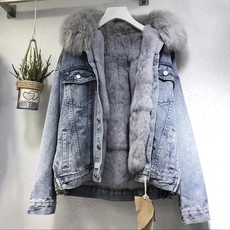 2024 Winter New Arrival Large Wool Collar Denim Coat Women's Short All-match Korean Loose fleece-lined Thickened Cotton-padded Coat