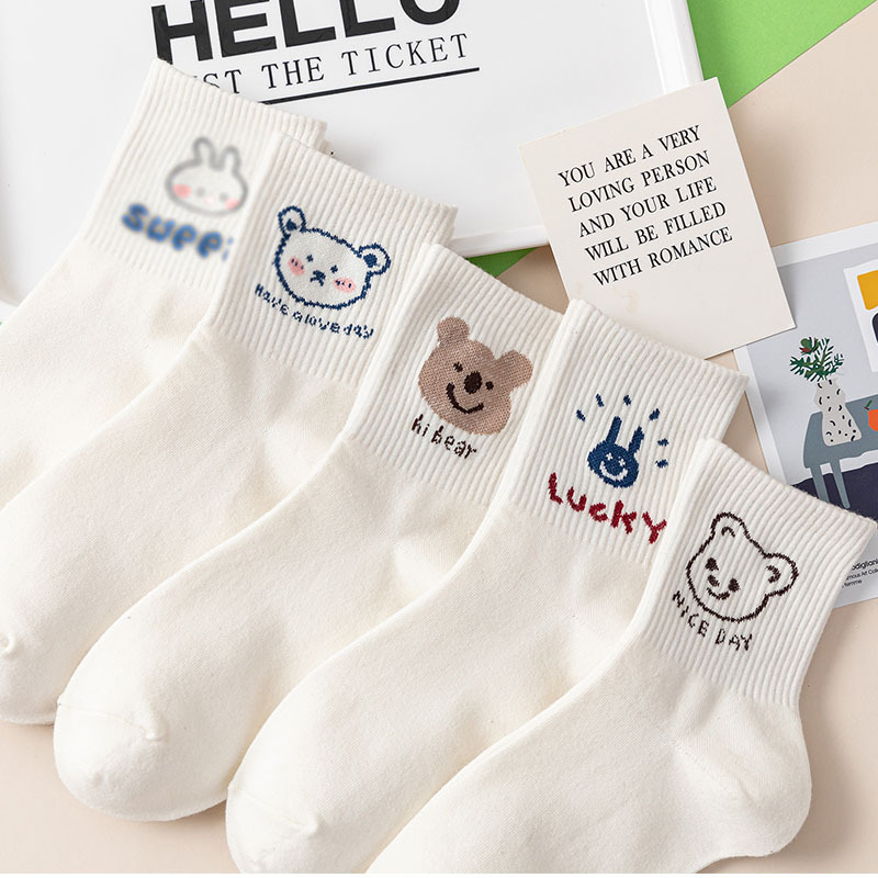 Bear mid-calf socks for girls ins fashionable breathable deodorant spring and autumn cotton socks summer thin white socks wholesale