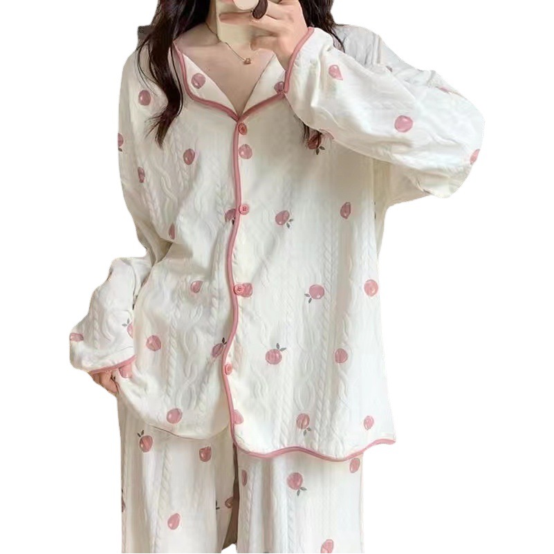 2024 New Pajamas for Women Spring and Autumn Long Sleeve Large Size Loose Internet Celebrity Style Spring and Summer Peach Home Clothes Set