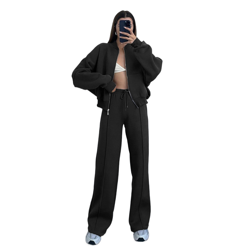 Picture of 211348 autumn and winter new cross-border European and American solid color zipper cardigan sweater women's fashion casual straight pants suit