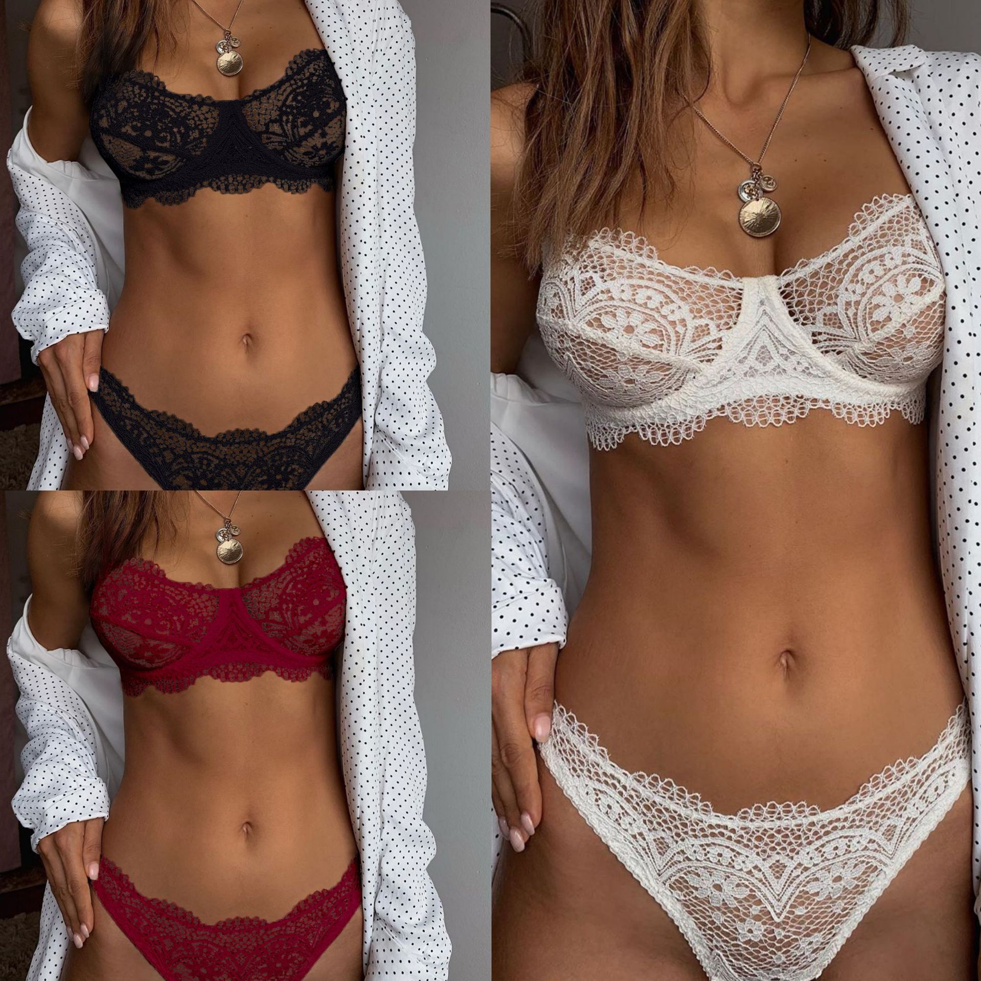 AliExpress Amazon wish European and American explosions lace sexy underwear set solid color eyelash lace K004