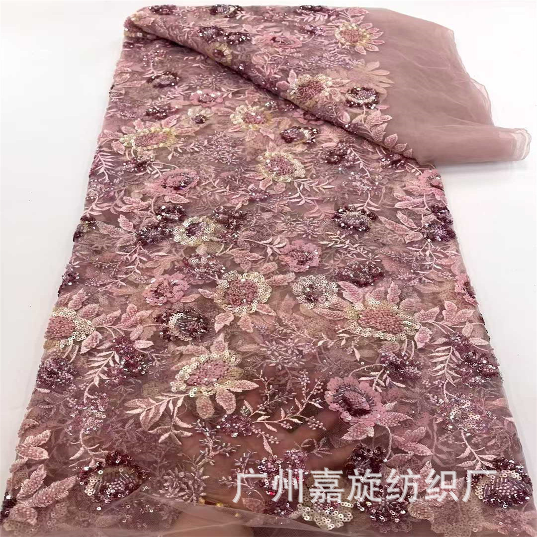 French handmade beads plant flower embroidery fabric sequins beaded tube cheongsam dress embroidered cloth party lace
