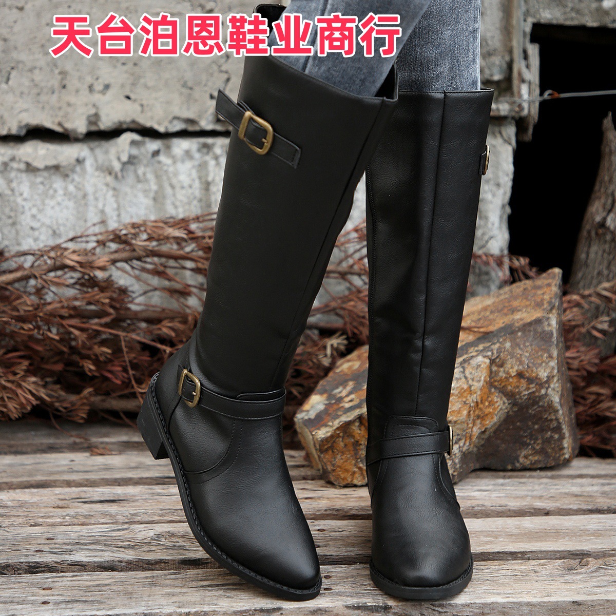 Picture of Foreign Trade Europe & America In-Stock 2025 Cross-border Round Toe Side Zipper Belt Buckle Square Heel Women's Boots Autumn/Winter New Mid-Calf Boots