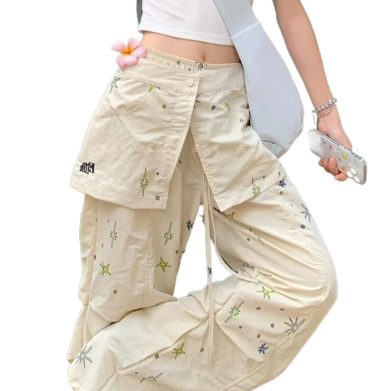 Picture of American Graffiti Cargo Pants for Women, Summer New High-Waisted Straight Versatile Slimming Parachute Two-Way Casual Wide-Leg Pants