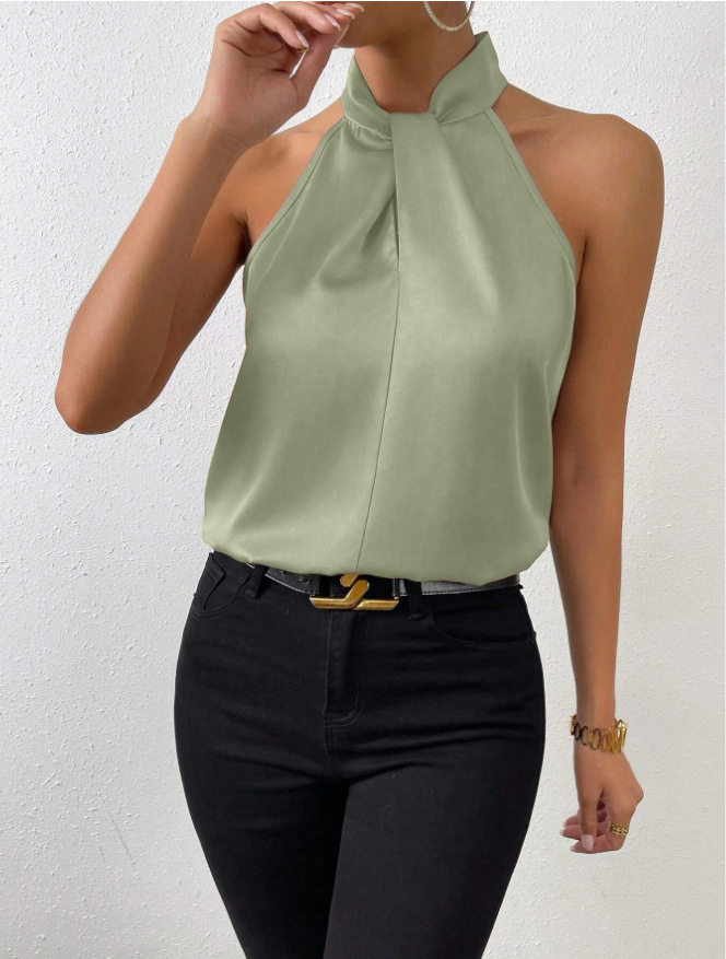 Picture of 2025 New Summer European and American Clothing Satin Halterneck Sleeveless Vest Satin Imitation Silk Top Wholesale in Stock
