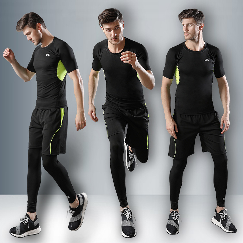 Spring and Summer Fitness Clothing Four-Piece Fitness Sports Suit Men's Outdoor Running Clothing Slimming Clothing Wholesale