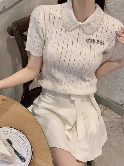 Picture of Korean Style Sweet Lace Doll Collar Turtleneck Sweater All-match Short-sleeved Niche Western Style Top Women's Short Summer New Style