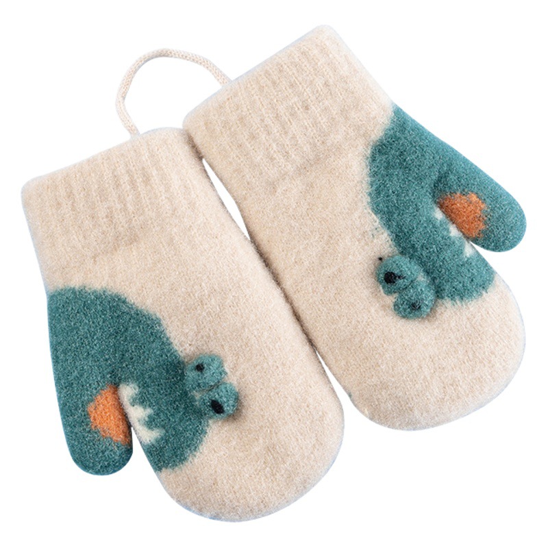 In stock snowflake show Winter Children's warm gloves knitted jacquard cartoon lanyard double layer fleece-lined mittens