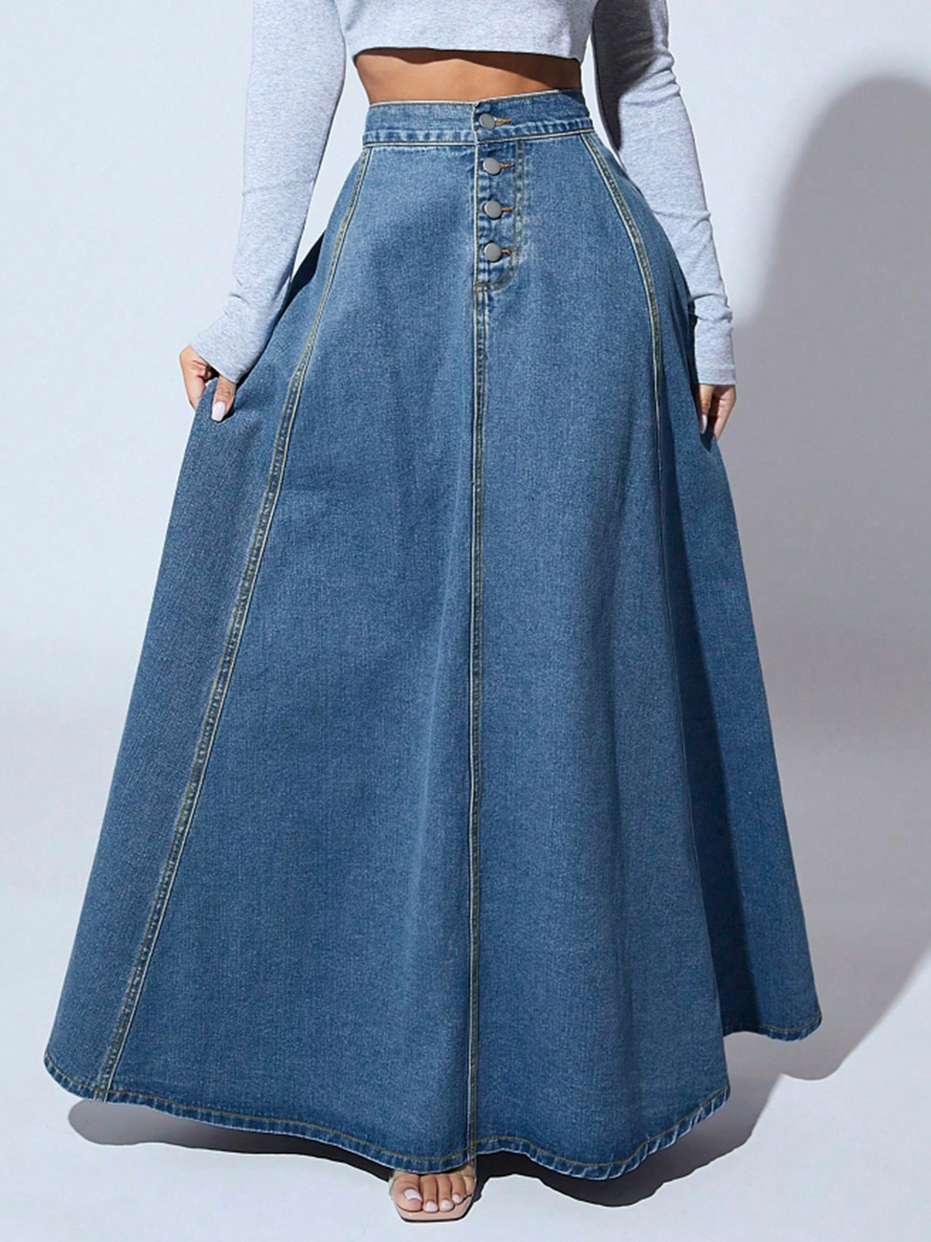 Picture of Cross-Border Export European and American Independent Station Design Single-Breasted Denim Skirt for Women Retro Style Large Hem A-Line Skirt