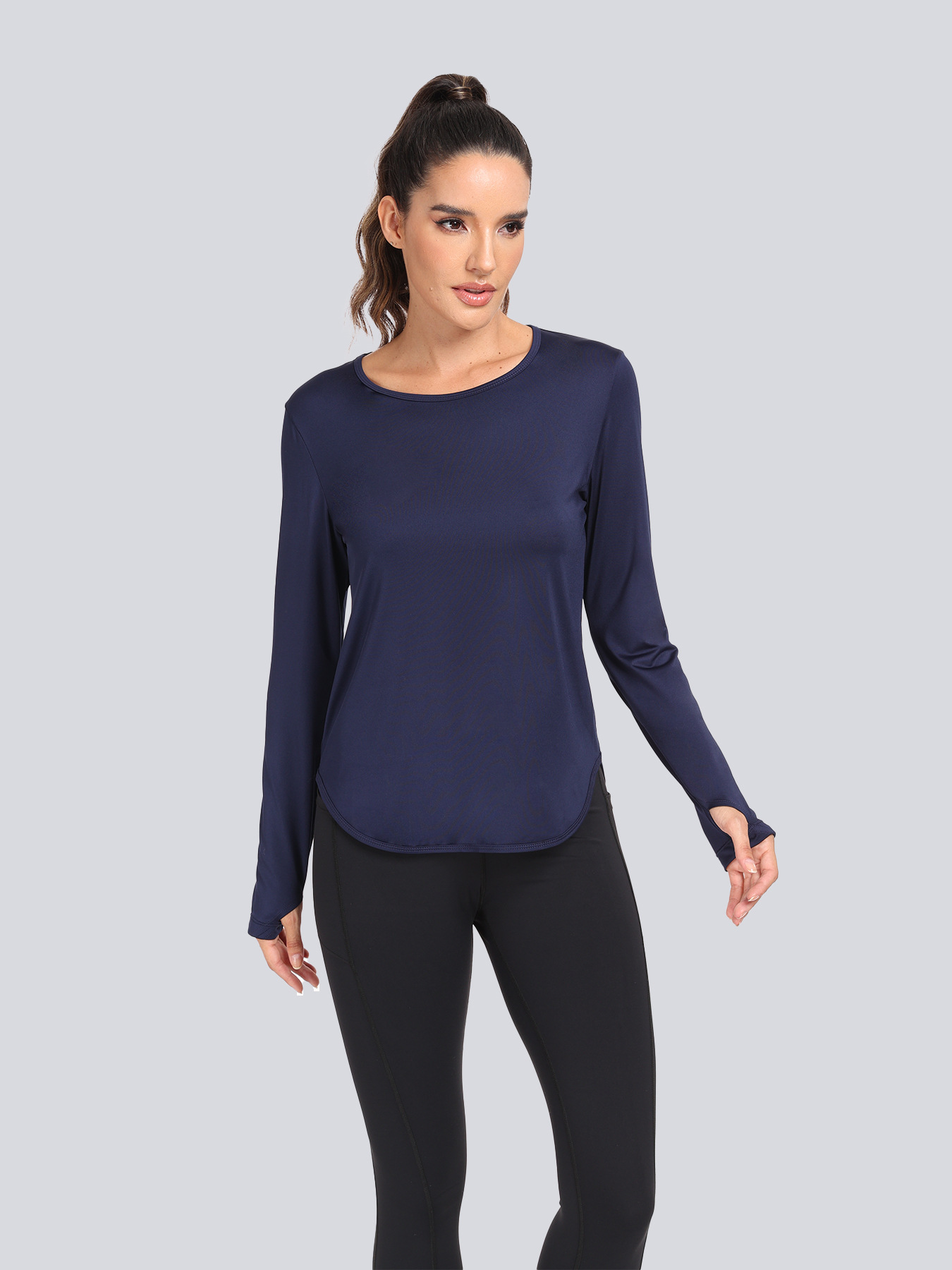 Cross-border European and American Women's Thumb Hole Sports Long-sleeved T-shirt Women's Elastic Loose Running Fitness Casual Long-sleeved Spring and Summer