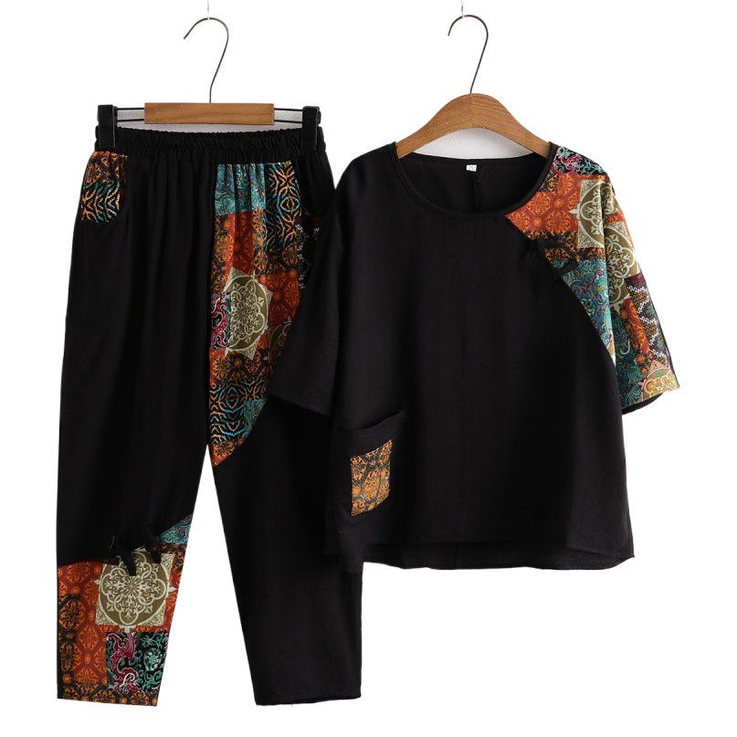 Western-Style Mom Summer Suit, Large Size Loose Middle-Aged and Elderly Women's Clothing, Fashionable Grandma's Age-Reducing Retro Casual Two-Piece Set