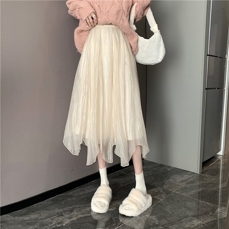 Organza Irregular Skirt Ins Spring and Autumn Petite High Waist A-Line Pleated Midi Skirt High Waist Slimming