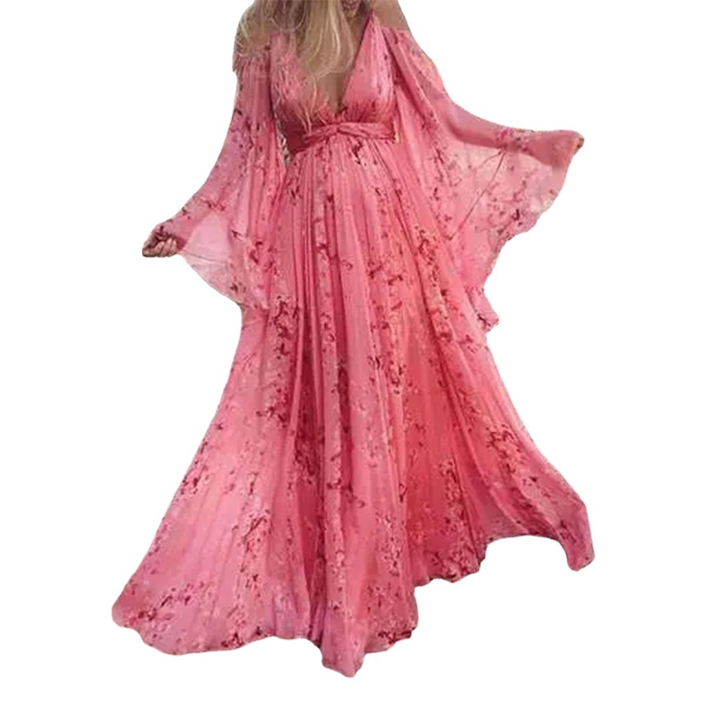 2025 New Sling Deep V Neck Print Sexy Bat Sleeve Pleated Floor-Length Skirt Maternity Skirt Upper and Lower Lining