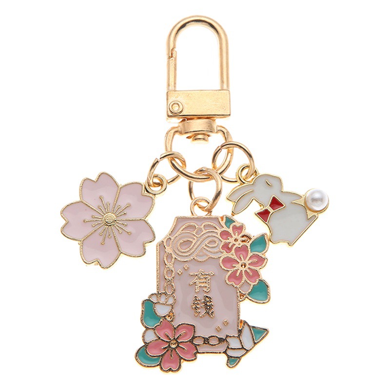 Cherry Blossom Rabbit Key Chain Pendant Rich and Rich Good Luck Peach Blossom Text Key Chain Creative Metal Bag Accessories