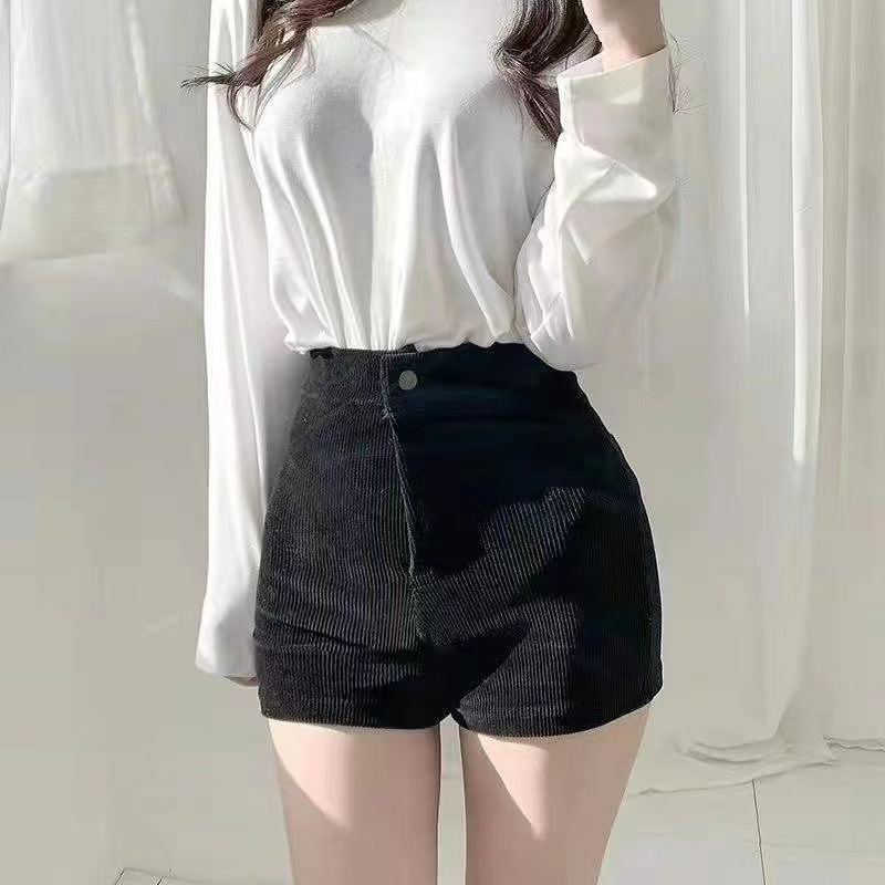 Black High-Waisted Shorts for Women 2025 Autum New Tight Elastic Corduroy Three-Point Casual Pants Outer Wear Boot Pants Winter
