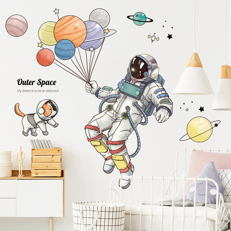 Cross Border Wall Stickers Astronaut Stickers Spaceship Planet Stickers Gas Children's Room Cartoon Ball Kindergarten Wallpaper