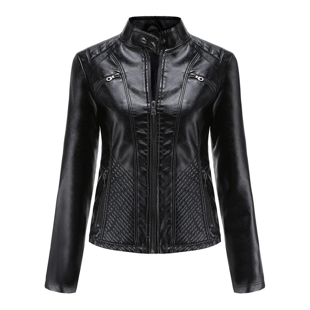 Picture of 2023 New Women's Casual Leather Jacket Stand Collar Jacket European and American Slim Jacket Women's Spring and Autumn Solid Color Women's Leather Jacket