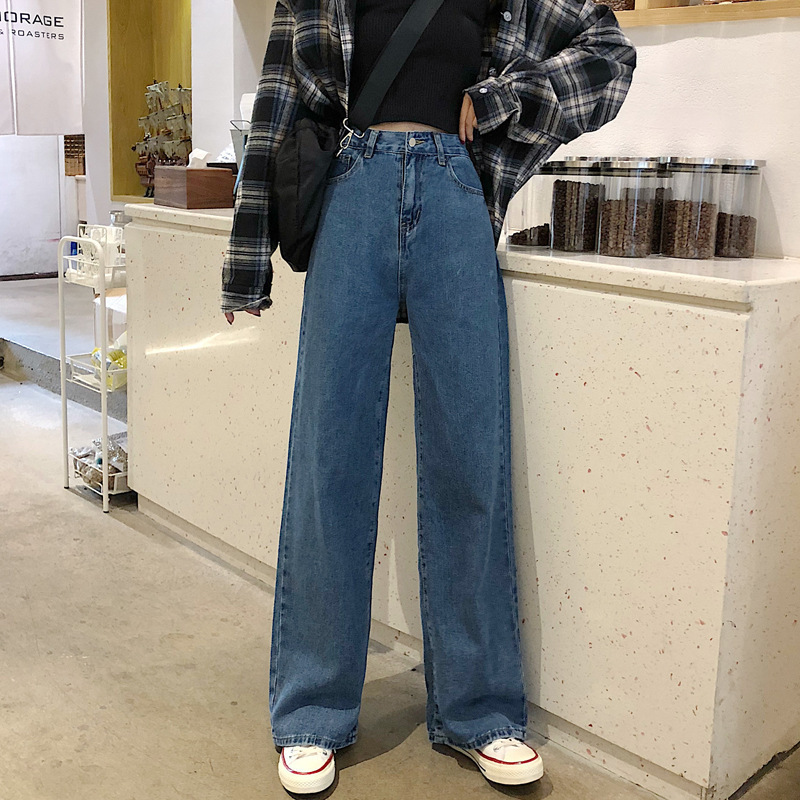 2022 Summer New Jeans Women's Korean-style High-waisted Slim-fit Washed Ins All-match Wide-leg Student's Trousers