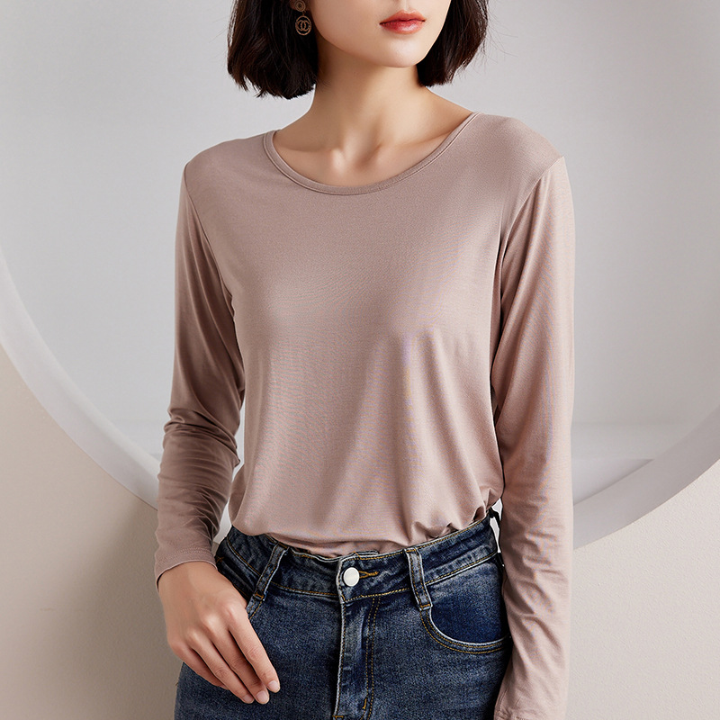Picture of Women's Round Neck Inner Base Shirt for Autumn and Winter plus size Thin Autumn Clothes Solid Color Underwear Long-sleeved T-shirt for Women