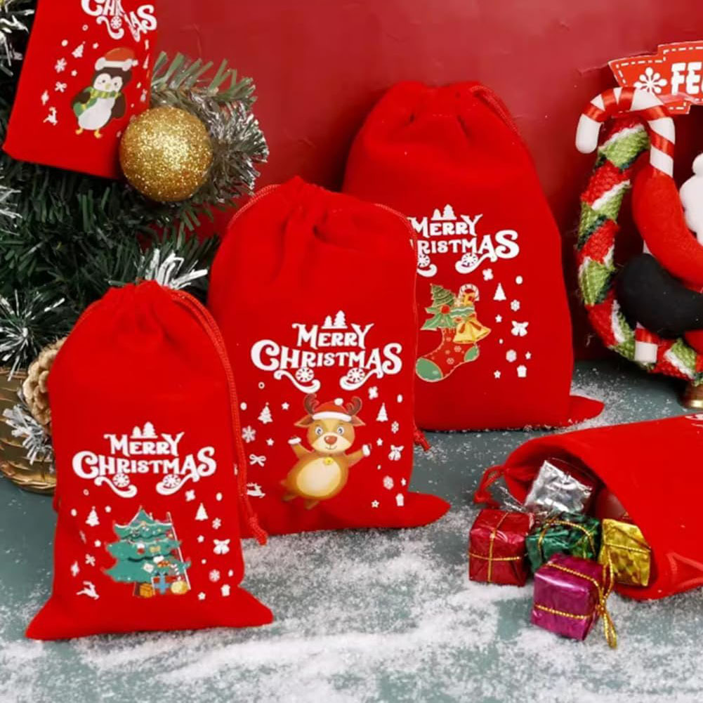 Big Red Christmas Velvet Drawstring Bag Christmas Apple Candy Packaging Gift Bag 12 Christmas Flocking Bags