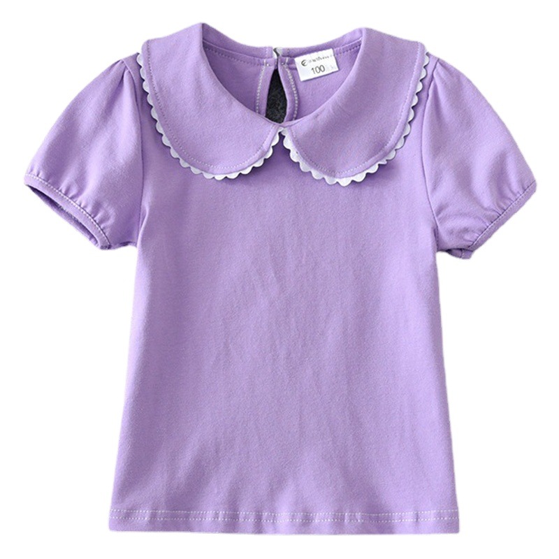 Children's clothing 2022 summer girls' fresh lace doll collar short-sleeved T-shirt baby Korean style solid color top manufacturer