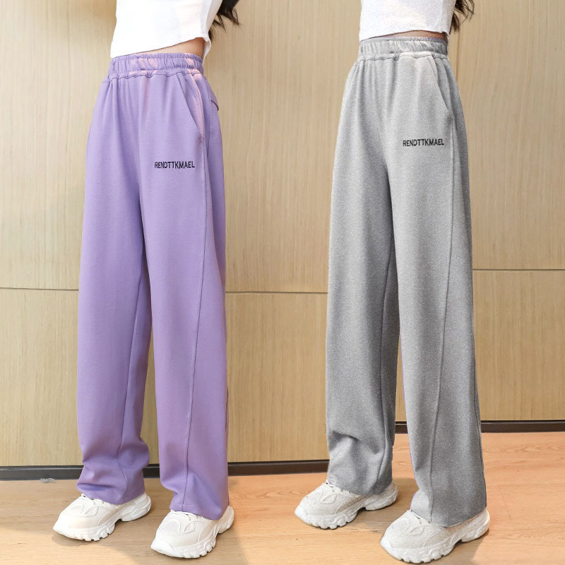 Fleece-lined girls' pants 2024 new children's wide-leg pants straight autumn and winter sports pants casual middle and big children sweatpants