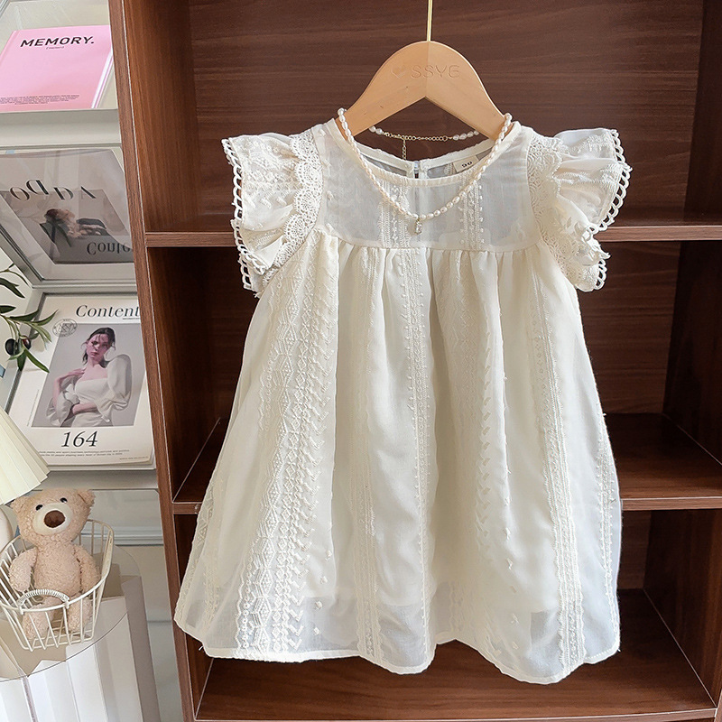 Picture of Small Flying Sleeve Shirt Girls 2025 Summer New French Retro Palace Style Lace Baby Doll Dress