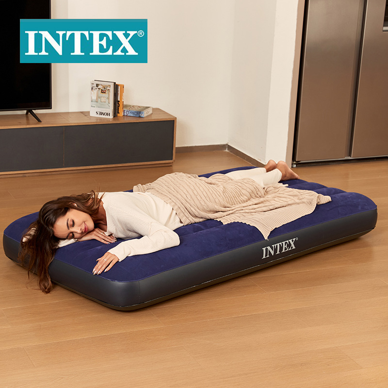 INTEX64757 portable flocking inflatable mattress outdoor camping inflatable bed PVC line pull air bed