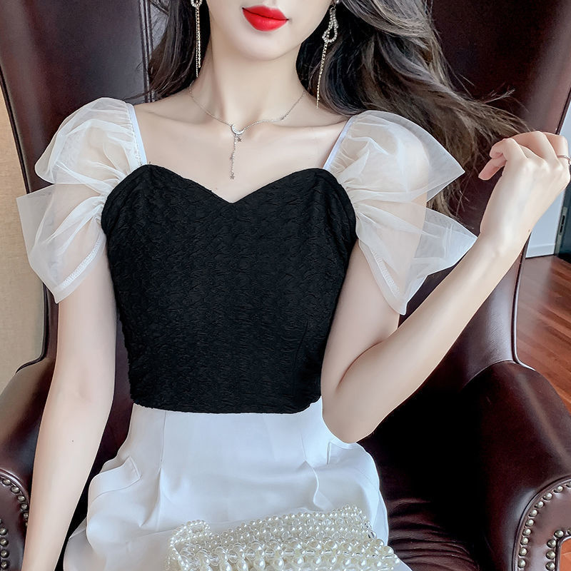 2025 New French Square Neck Collarbone Short Sleeve Shirt Women's Sweet Summer Style Fairy Style Mesh