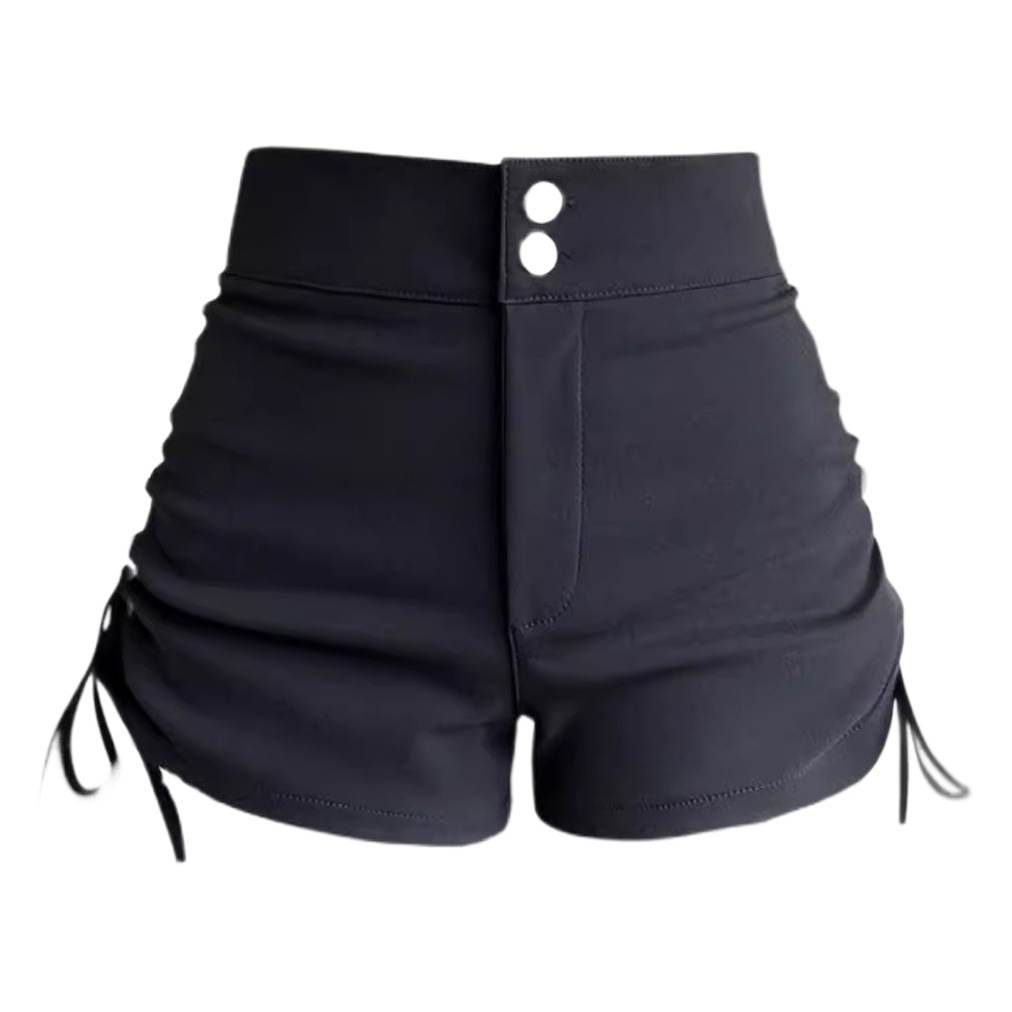 Black Shorts Women's Spring New Outfit Fashion Design Drawstring Strap Pleated Base Casual Wide Leg Boots Pants
