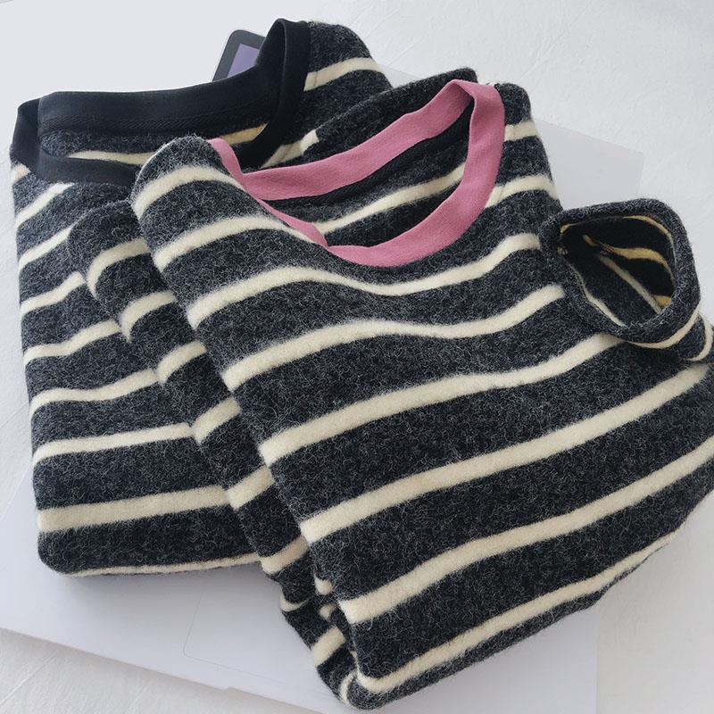 Soft Rabbit Fleece/Plush Striped Knitted Base Shirt Women's Autumn and Winter Casual Loose fleece-lined Thickened Long-sleeved T-shirt