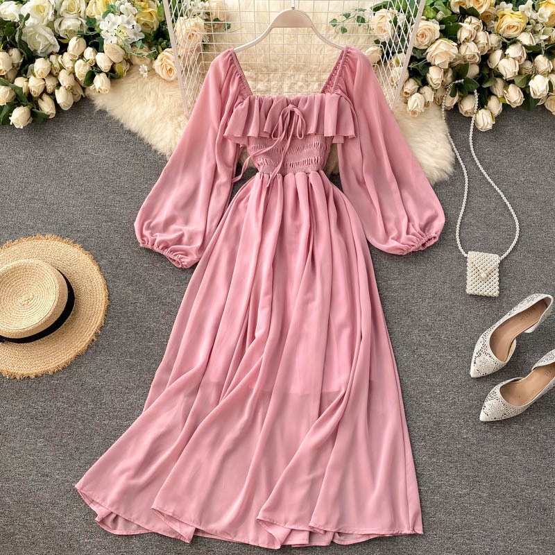chic Gentle Style Dress Autumn 2020 New Women's French Style Retro Square Collar Stylish Puff Sleeve Chiffon Dress