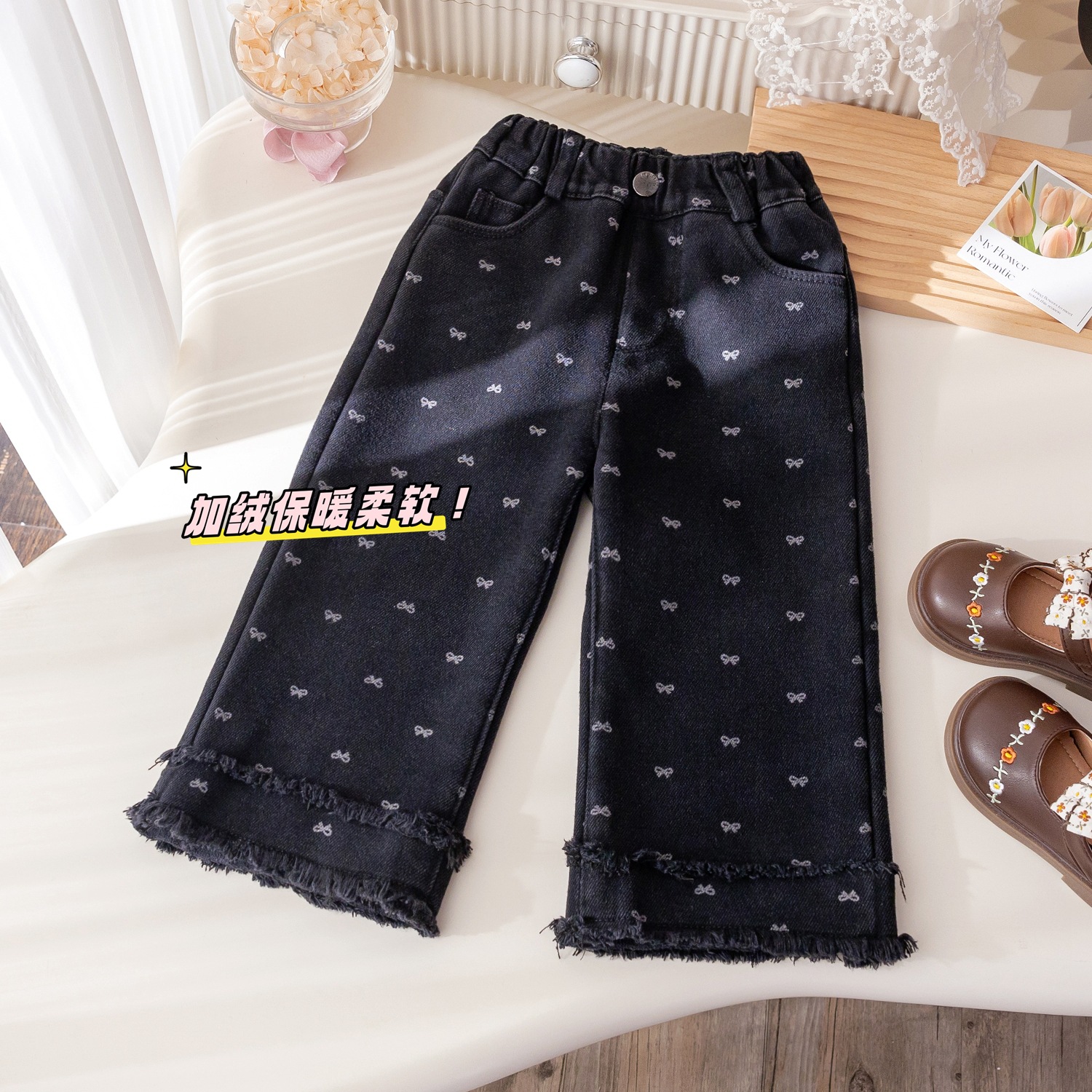 Girls Winter New Arrival fleece-lined Jeans Styline Tassel Straight Leg Pants Baby Girls Winter Thickened Casual Pants