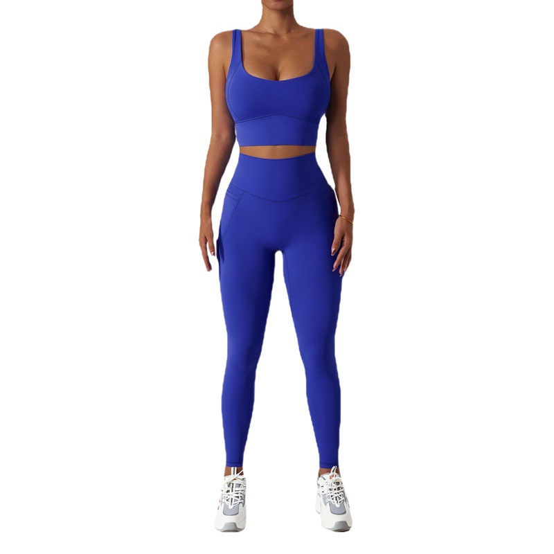 Zechuang Breathable Cloud Sense Quick-Drying Tight Yoga Clothing Pocket Running Sports Suit Oblique One-Shoulder Naked Fitness Suit