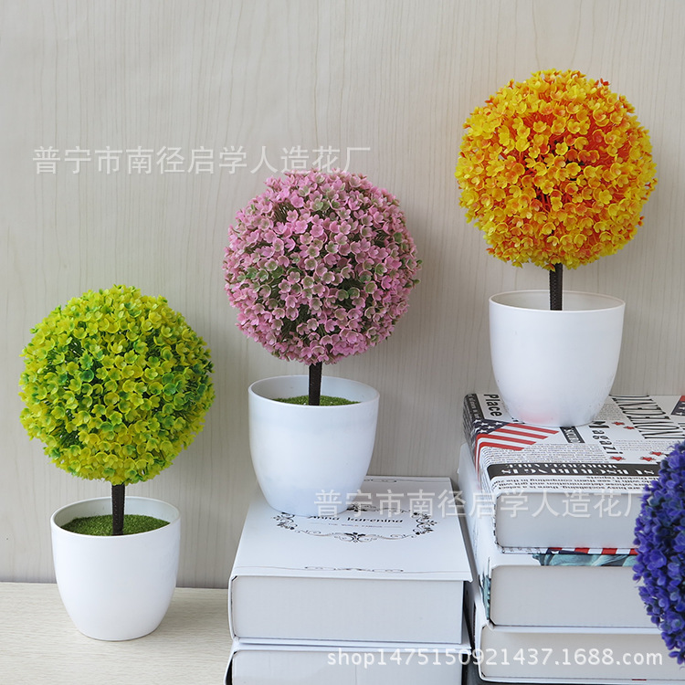 Picture of Sakura Snowball Simulated Plant Potted Grass Ball Bonsai Small Tree Home Decoration Flower Ornament Creative Mini Small Round Ball